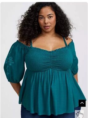 torrid Teal Off-Shoulder Smocked Peplum Blouse